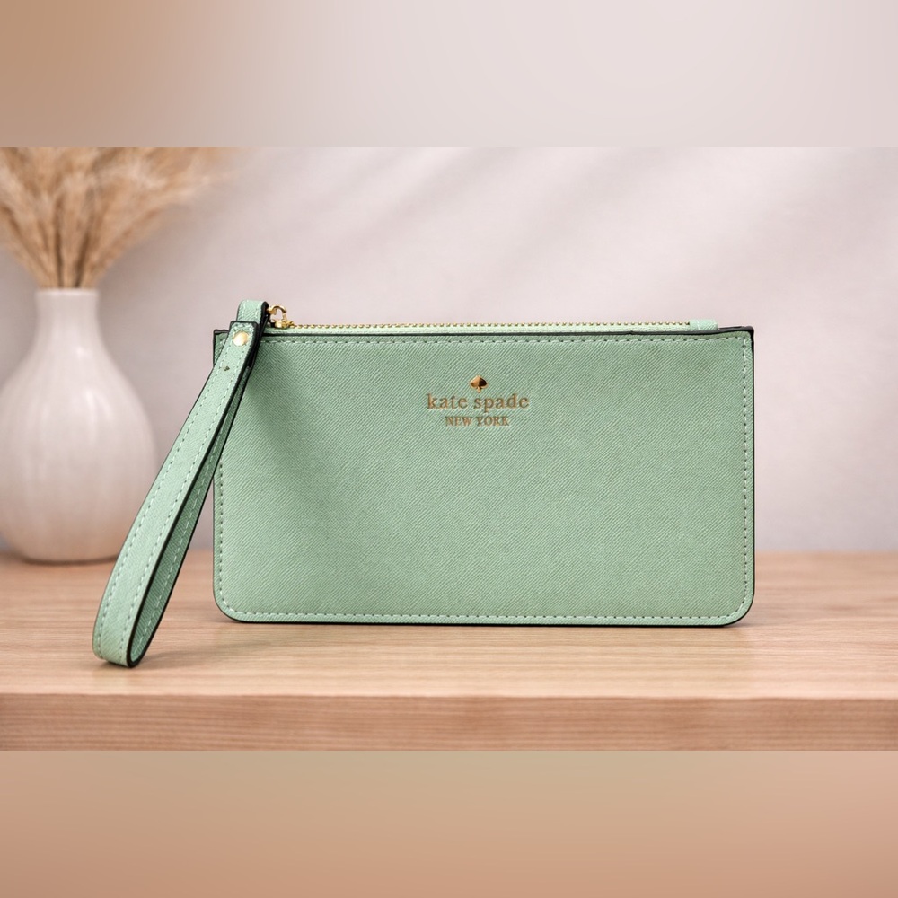 Kate Spade Mint Green Leather Wristlet Clutch | Slim Zip Pouch NWOT